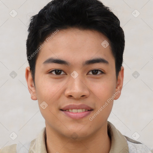 Joyful asian young-adult male with short  brown hair and brown eyes