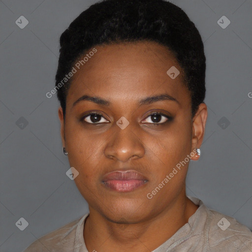 Neutral black young-adult female with short  black hair and brown eyes