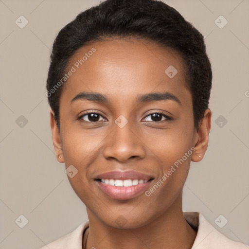 Joyful black young-adult female with short  black hair and brown eyes