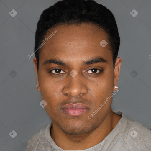 Neutral black young-adult male with short  black hair and brown eyes