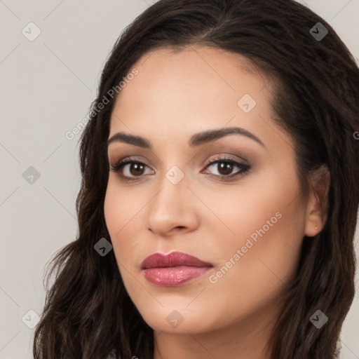 Neutral white young-adult female with long  brown hair and brown eyes