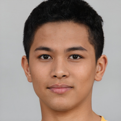 Neutral asian young-adult male with short  brown hair and brown eyes