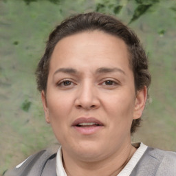 Neutral white adult female with short  brown hair and brown eyes