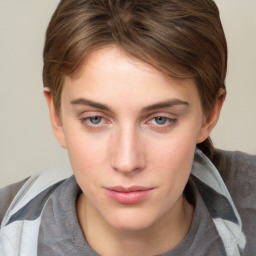 Neutral white young-adult female with medium  brown hair and grey eyes