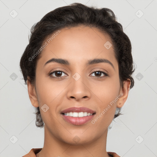 Joyful latino young-adult female with short  brown hair and brown eyes