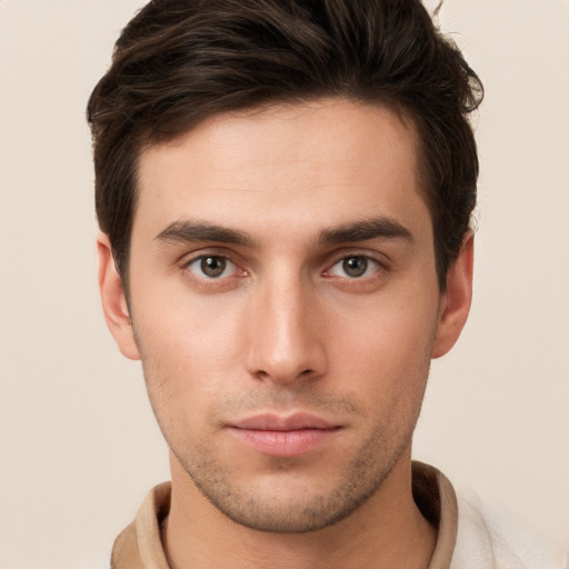 Neutral white young-adult male with short  brown hair and brown eyes