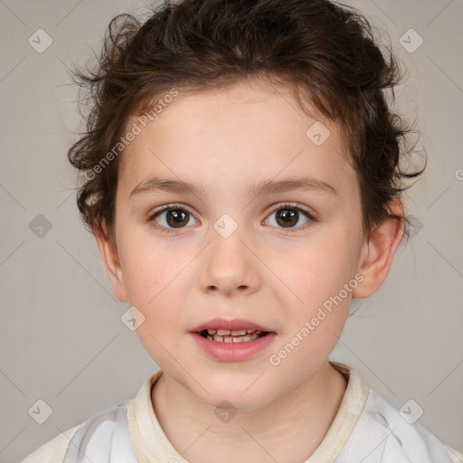 Joyful white child female with medium  brown hair and brown eyes