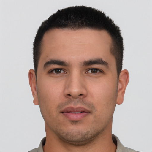 Neutral white young-adult male with short  black hair and brown eyes