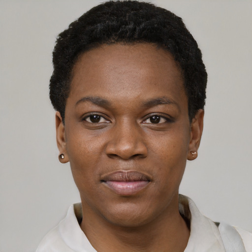 Joyful black young-adult female with short  black hair and brown eyes