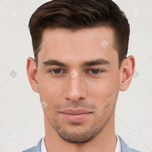 Neutral white young-adult male with short  brown hair and brown eyes