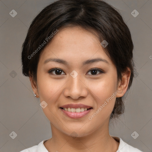 Joyful white young-adult female with medium  brown hair and brown eyes