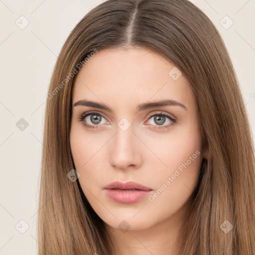 Neutral white young-adult female with long  brown hair and brown eyes