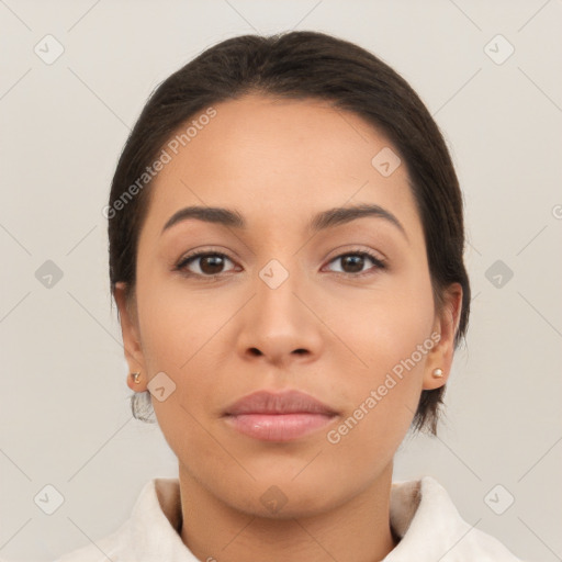 Neutral white young-adult female with short  brown hair and brown eyes