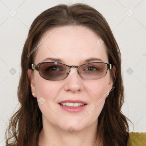 Joyful white young-adult female with long  brown hair and blue eyes