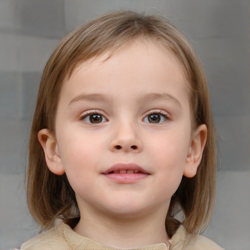 Neutral white child female with medium  brown hair and blue eyes