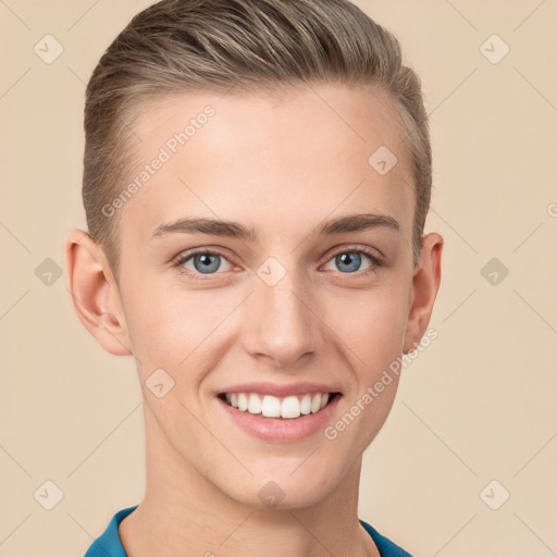 Joyful white young-adult female with short  brown hair and grey eyes