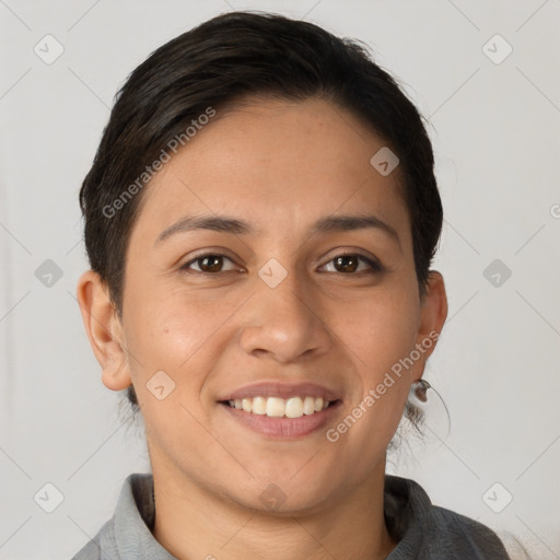 Joyful white young-adult female with short  brown hair and brown eyes