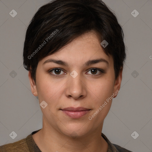 Joyful white young-adult female with short  brown hair and brown eyes