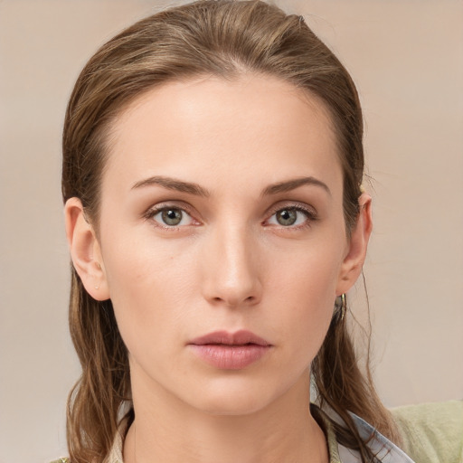 Neutral white young-adult female with medium  brown hair and brown eyes