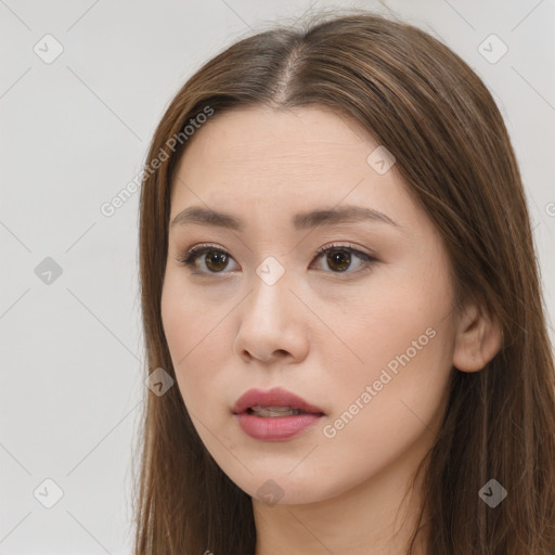 Neutral white young-adult female with long  brown hair and brown eyes