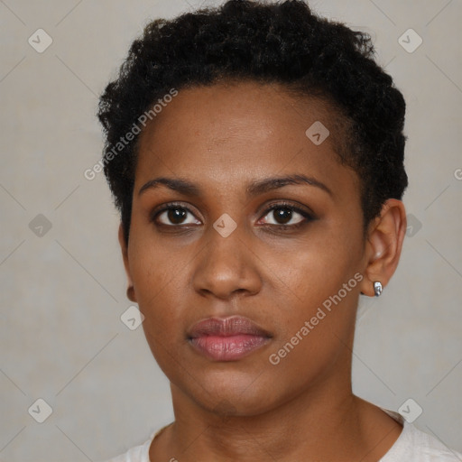 Neutral black young-adult female with short  black hair and brown eyes