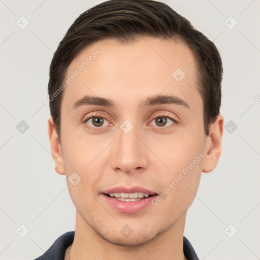 Joyful white young-adult male with short  brown hair and brown eyes