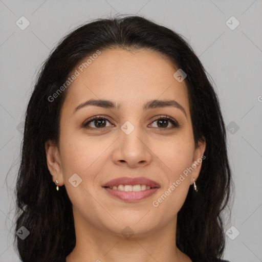 Joyful latino young-adult female with long  brown hair and brown eyes