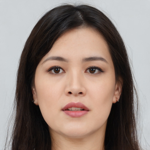 Neutral asian young-adult female with long  brown hair and brown eyes