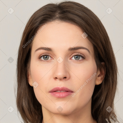 Neutral white young-adult female with medium  brown hair and grey eyes