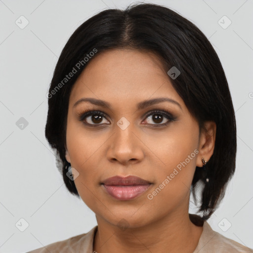 Joyful latino young-adult female with medium  black hair and brown eyes