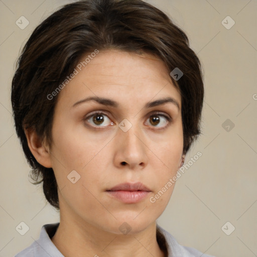 Neutral white young-adult female with medium  brown hair and brown eyes