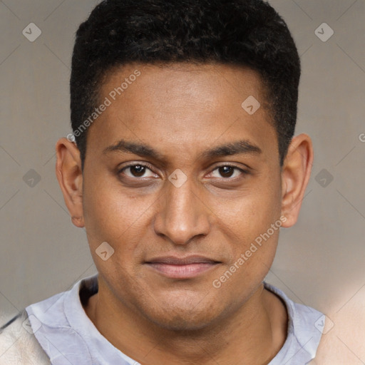 Joyful latino young-adult male with short  brown hair and brown eyes