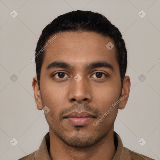 Neutral latino young-adult male with short  black hair and brown eyes