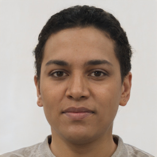 Neutral latino young-adult female with short  brown hair and brown eyes