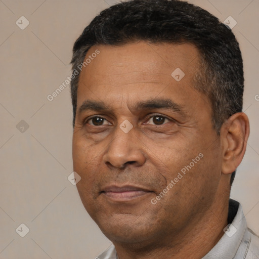 Joyful latino adult male with short  black hair and brown eyes