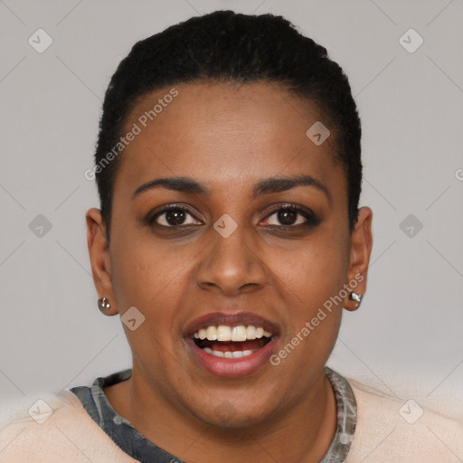 Joyful black young-adult female with short  black hair and brown eyes