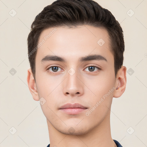 Neutral white young-adult male with short  brown hair and brown eyes