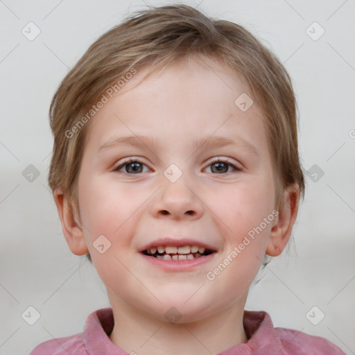 Joyful white child female with medium  brown hair and blue eyes