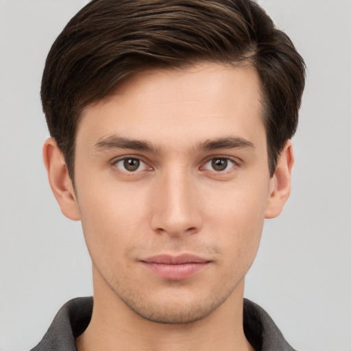 Neutral white young-adult male with short  brown hair and brown eyes