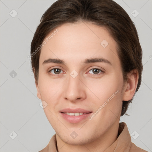 Joyful white young-adult female with short  brown hair and brown eyes