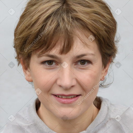 Joyful white adult female with medium  brown hair and grey eyes