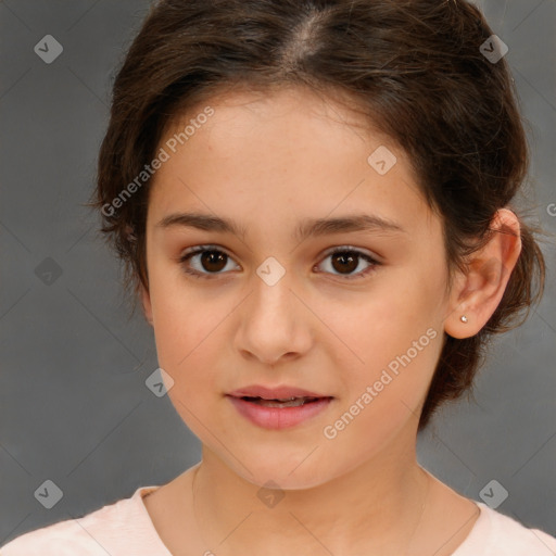 Joyful white child female with medium  brown hair and brown eyes