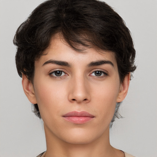 Neutral white young-adult female with short  brown hair and brown eyes