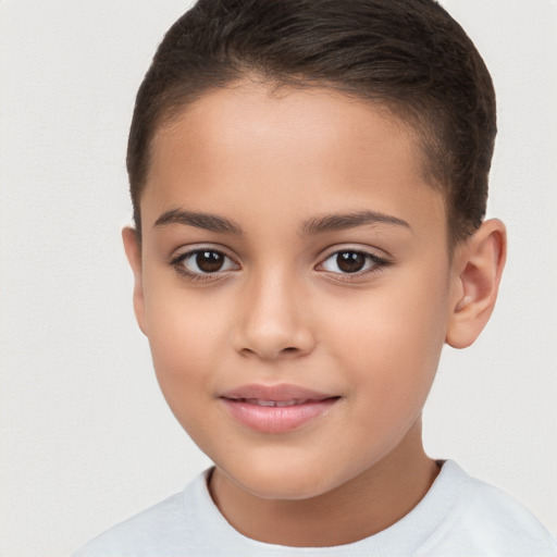 Joyful white child female with short  brown hair and brown eyes