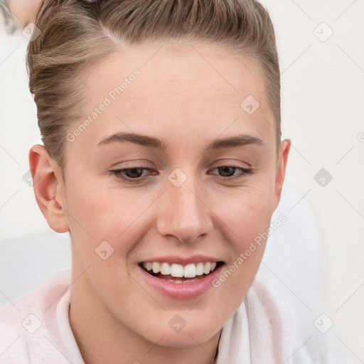 Joyful white young-adult female with short  brown hair and grey eyes