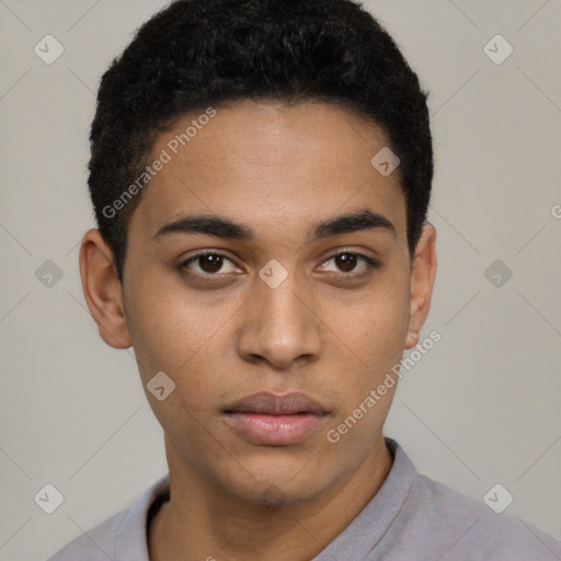 Neutral latino young-adult male with short  brown hair and brown eyes