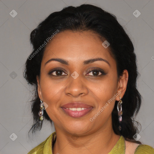 Joyful black adult female with medium  black hair and brown eyes