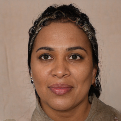 Joyful black young-adult female with medium  brown hair and brown eyes