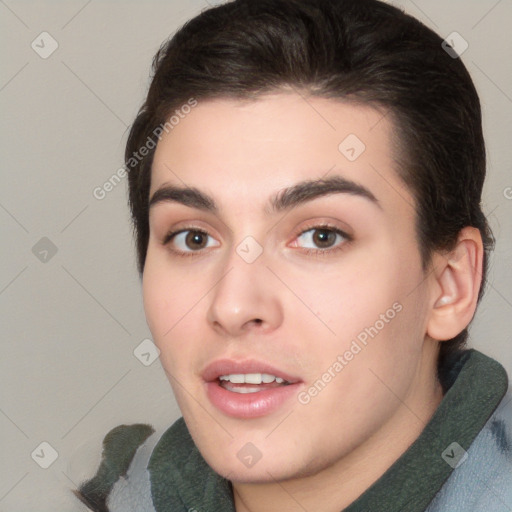 Joyful white young-adult female with medium  brown hair and brown eyes