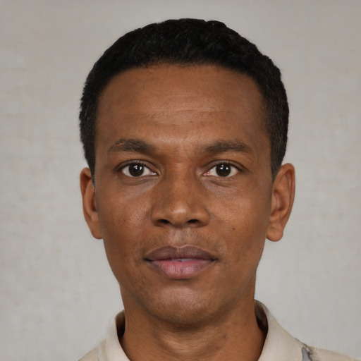 Neutral black young-adult male with short  black hair and brown eyes